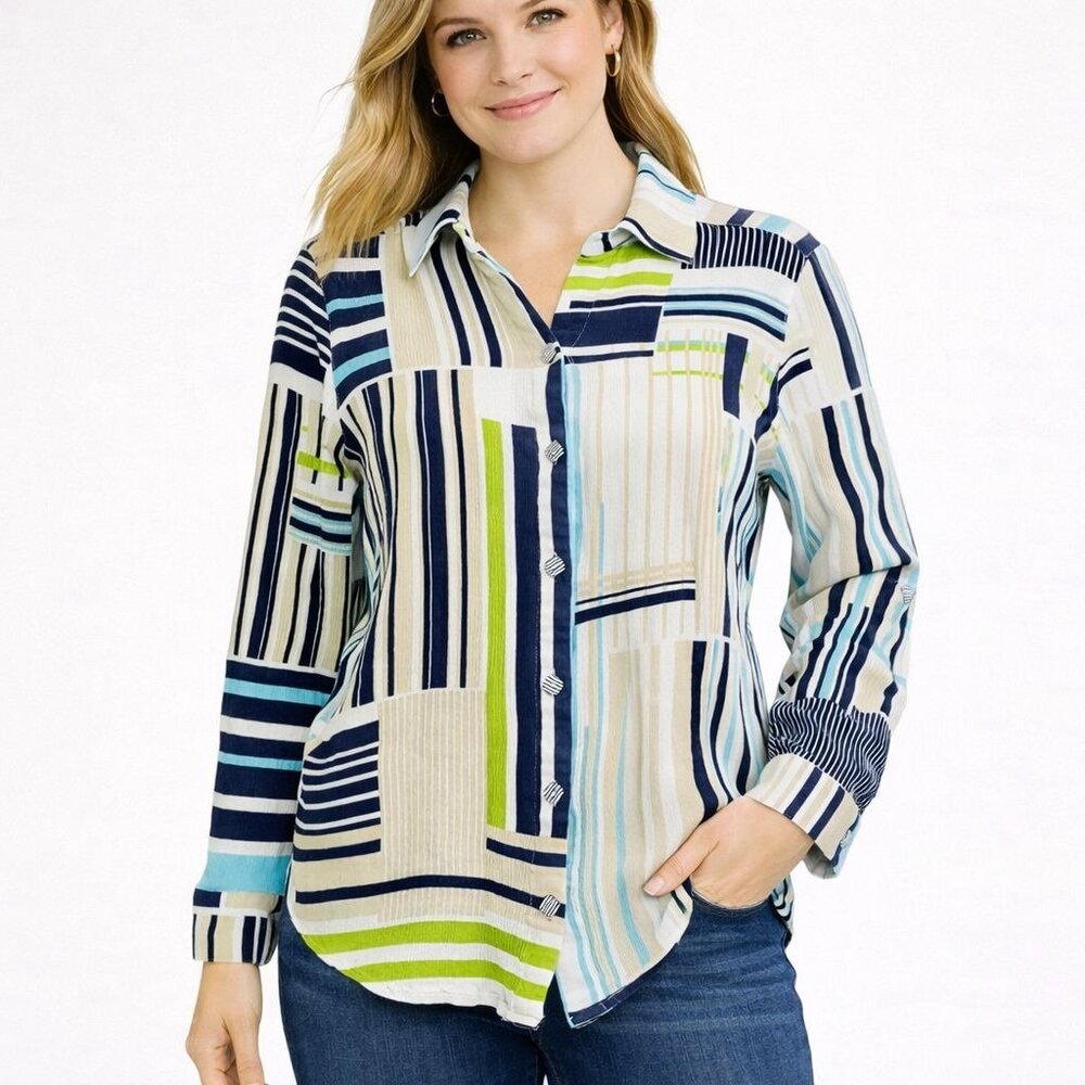 Chicos Womens Top Gauze Blue Green Mixed Stripe Roll Tab Sleeve Size 0 | S - Picture 1 of 12